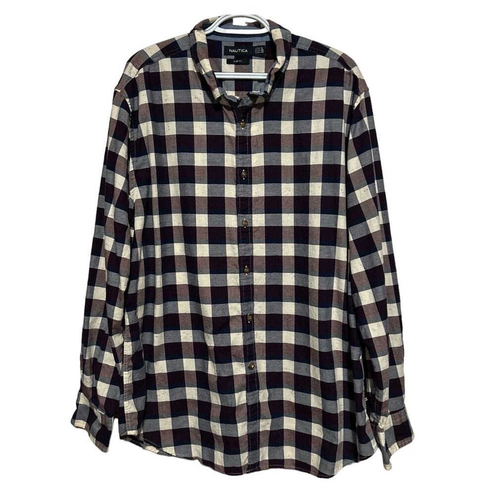 Nautica Mens Slim Fit Blue Burgundy Cream Plaid Long Sleeve Button Front Size XL